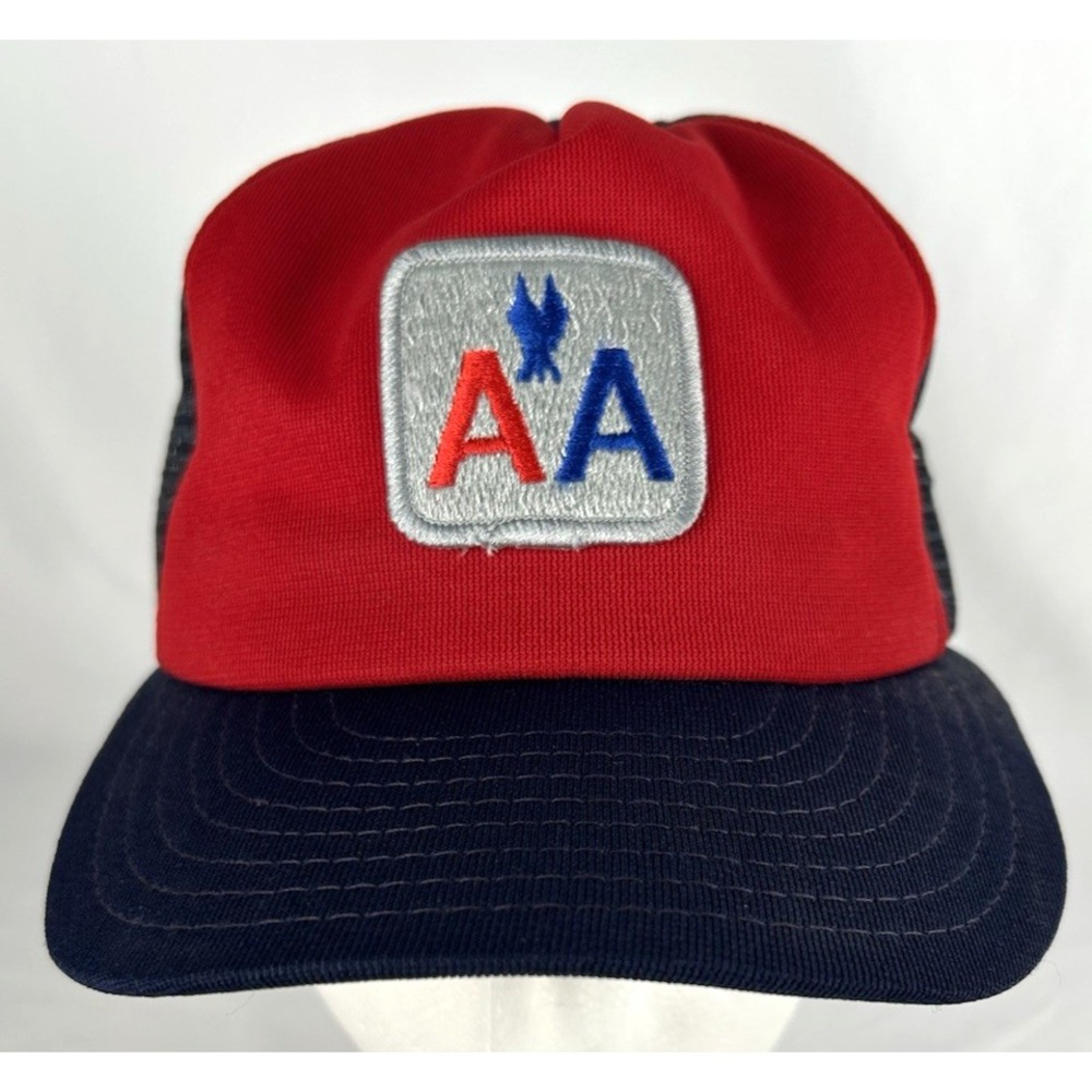 Vintage AA American Airlines Red Trucker Snapback Mesh Hat Cap Silver Patch USA